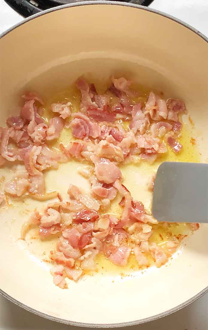 Bacon cooking in the soup pot.