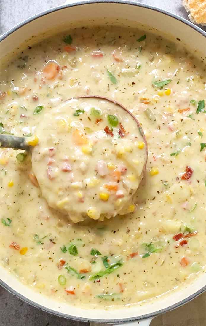 A ladleful of the finished soup.