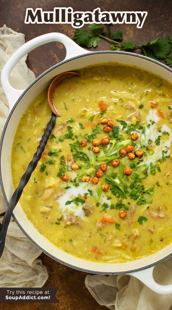 Pinterest pin image for Mulligatawny Soup featuring an overhead view of the pot of soup.