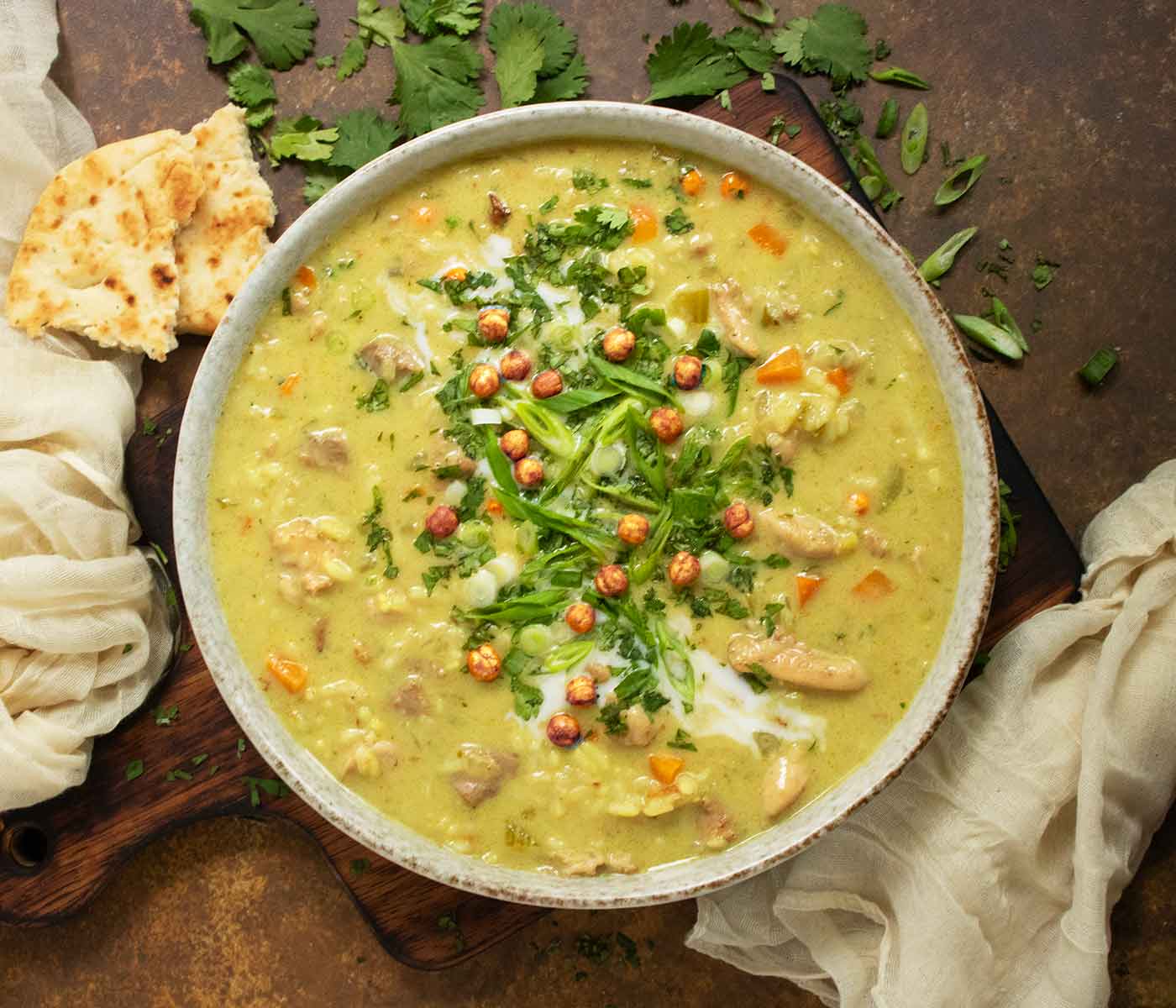 A close-up view of a bowl of Mulligatawny Soup.