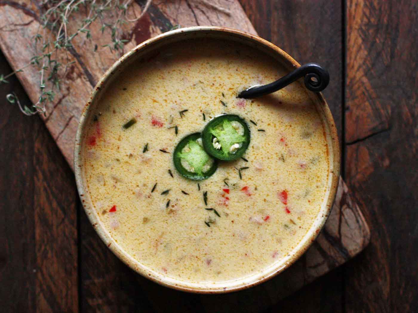 Overhead view of a bowl of Jalapeno Beer Cheese Soup.