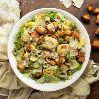 Tortellini Caesar Salad in a large serving bowl.