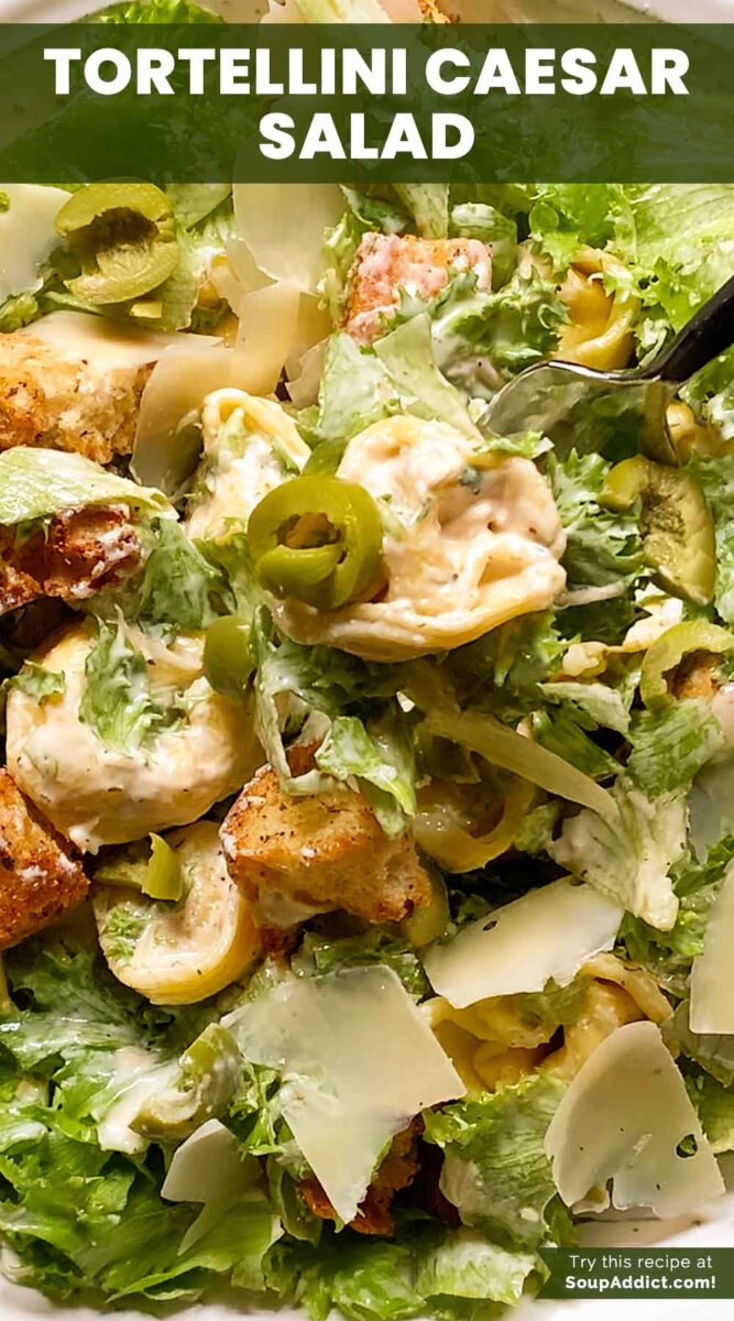Pinterest pin image for Tortellini Caesar Salad, featuring an up-close view of the salad.