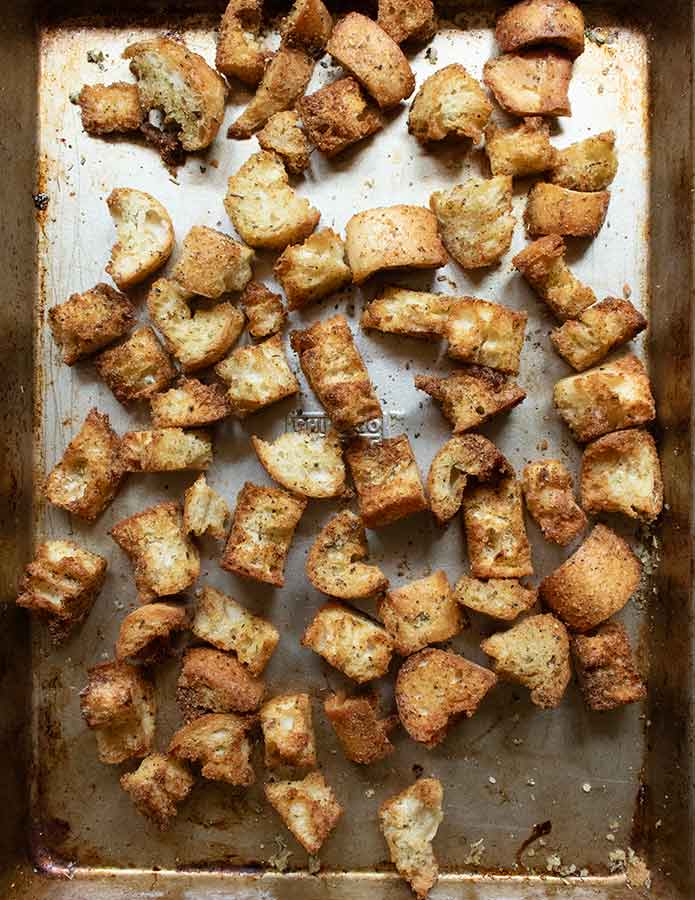 Freshly baked croutons, ready to use.