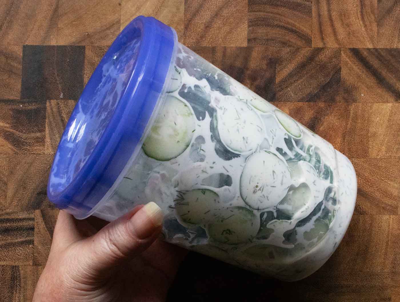 My hand holding the cucumber salad in a plastic one-quart container with a blue lid, for both storage and easy mixing of the dressing (shake-shake-shake).
