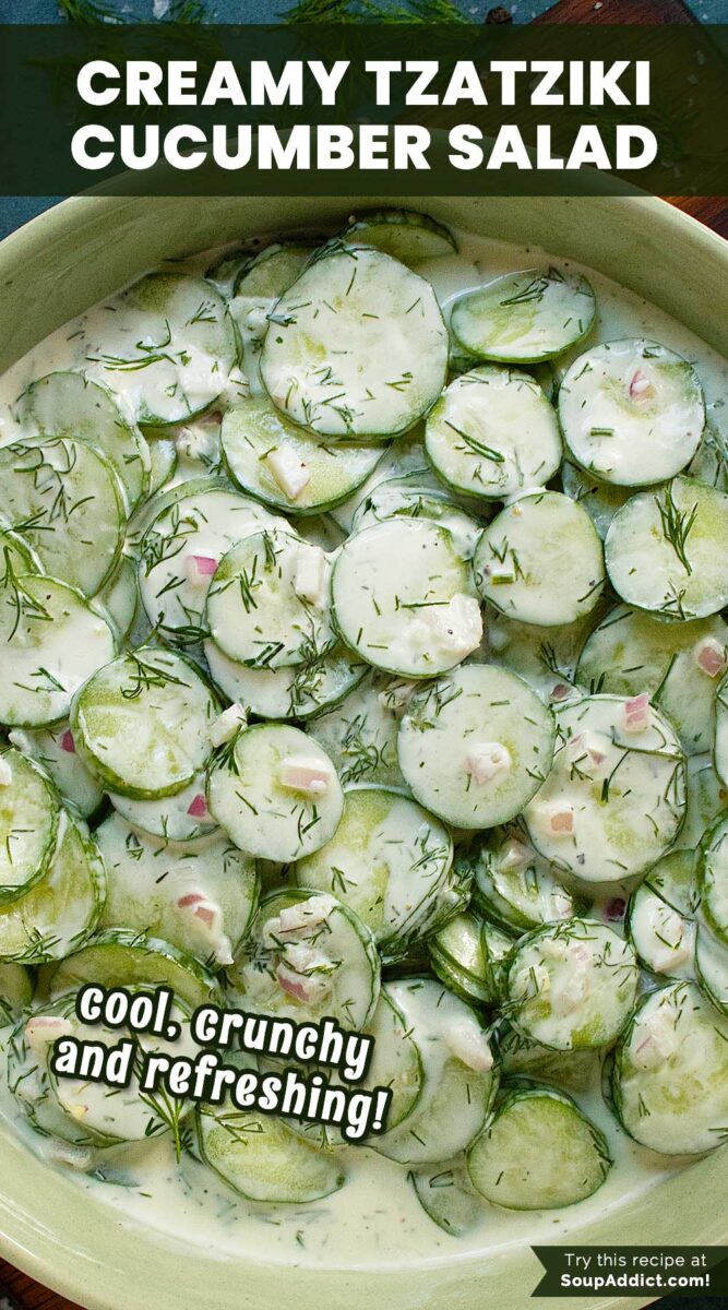 Pinterest pin image featuring a close-up view of Creamy Tzatziki Cucumber Salad in a bowl.