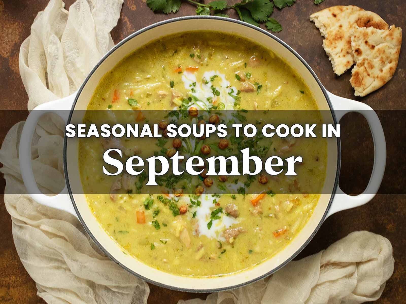 Overhead view of a pot of soup with a text overlay.