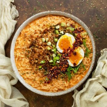Spicy Peanut Chili Crisp Ramen Noodle Soup in a bowl.